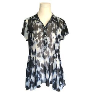 INC Top - Sheer Blue - Short Sleeve Blue Graphic Print - Sz L - Like New